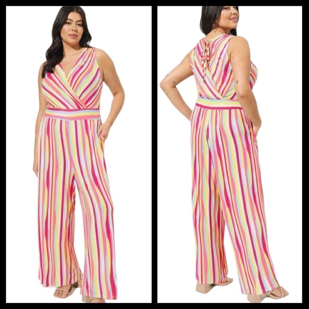 5X 28W Torrid Pink Stripe Jumpsuit V Neck Super Soft Pockets Stretch Shower Tie